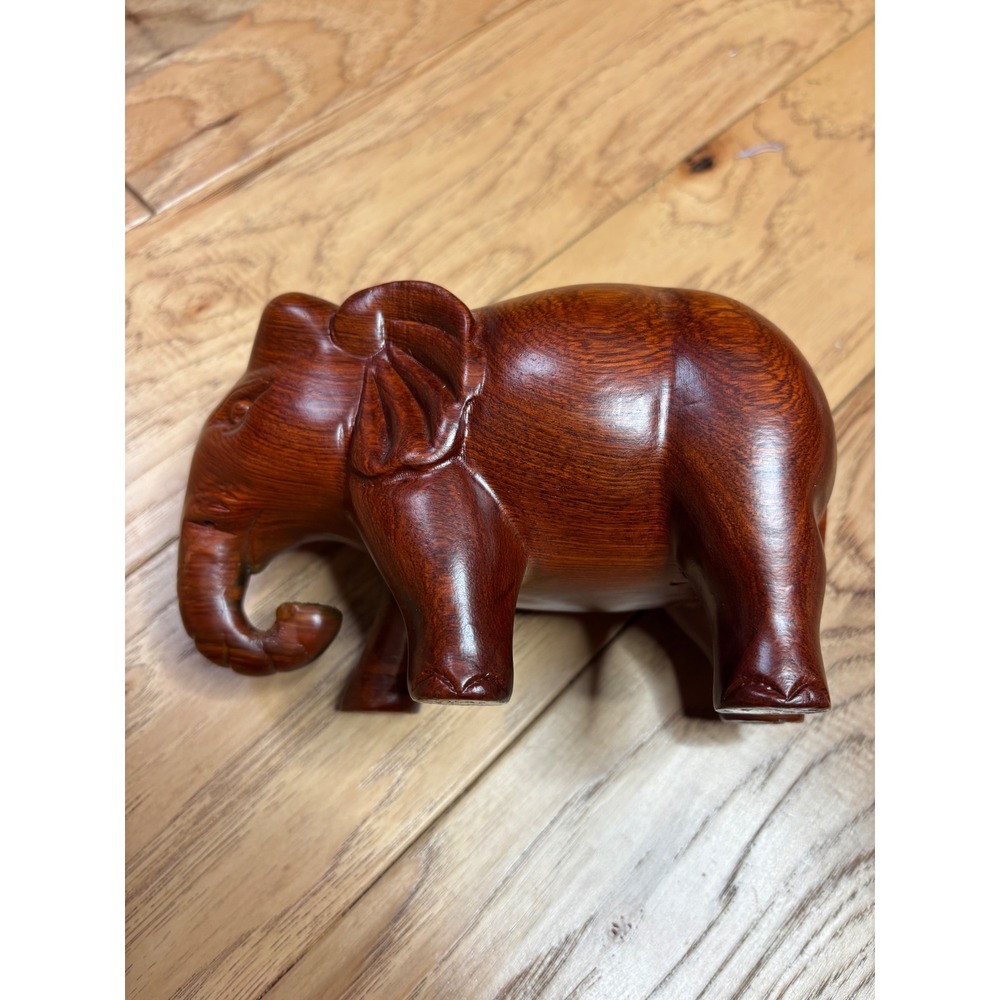 Vintage Hand Carved Wood Elephant Figurine Brown Solid Timber Animal Statue 6in
